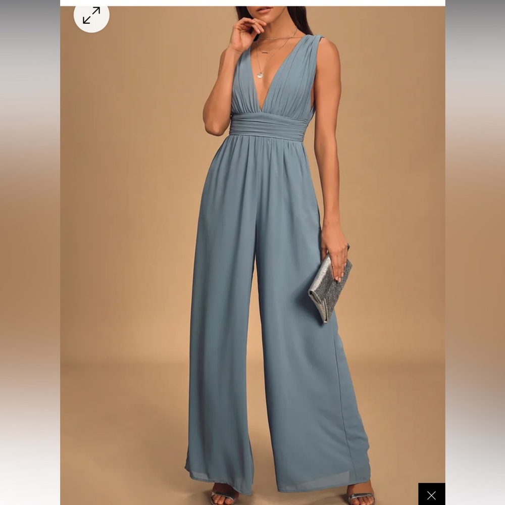 Lulu's Slate Blue Wide-Leg Jumpsuit